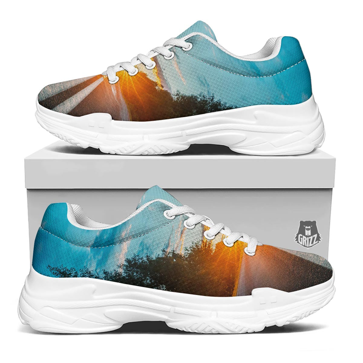 Road Sunrise Print White Chunky Shoes-grizzshop