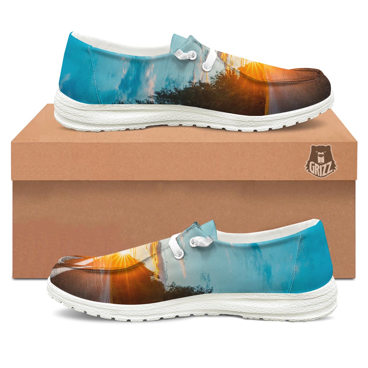 Road Sunrise Print White Loafers-grizzshop