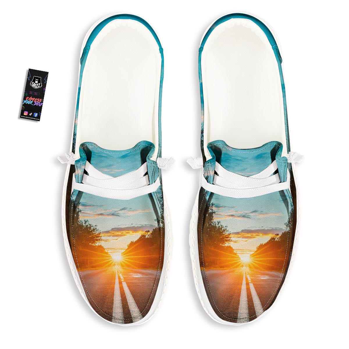 Road Sunrise Print White Loafers-grizzshop