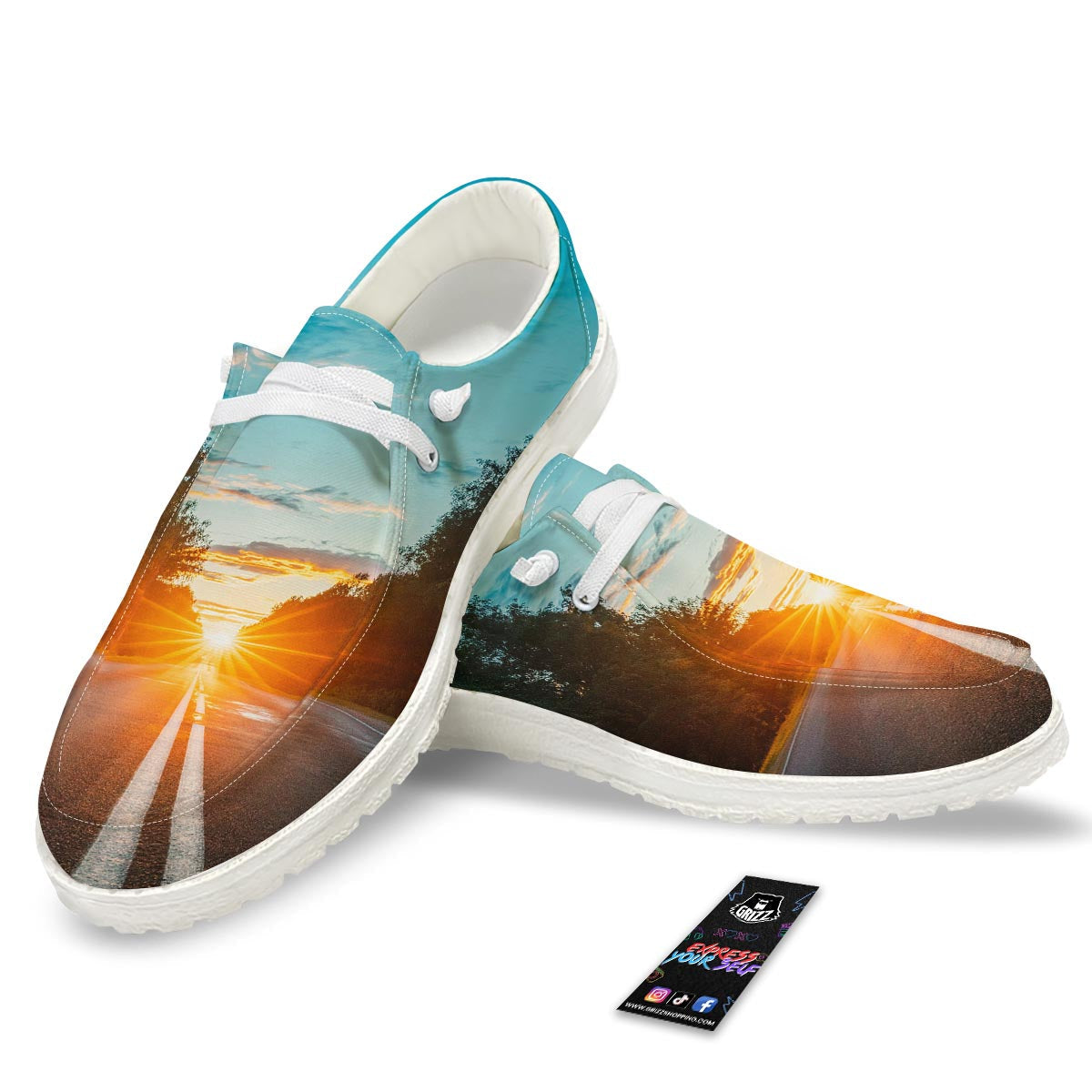 Road Sunrise Print White Loafers-grizzshop