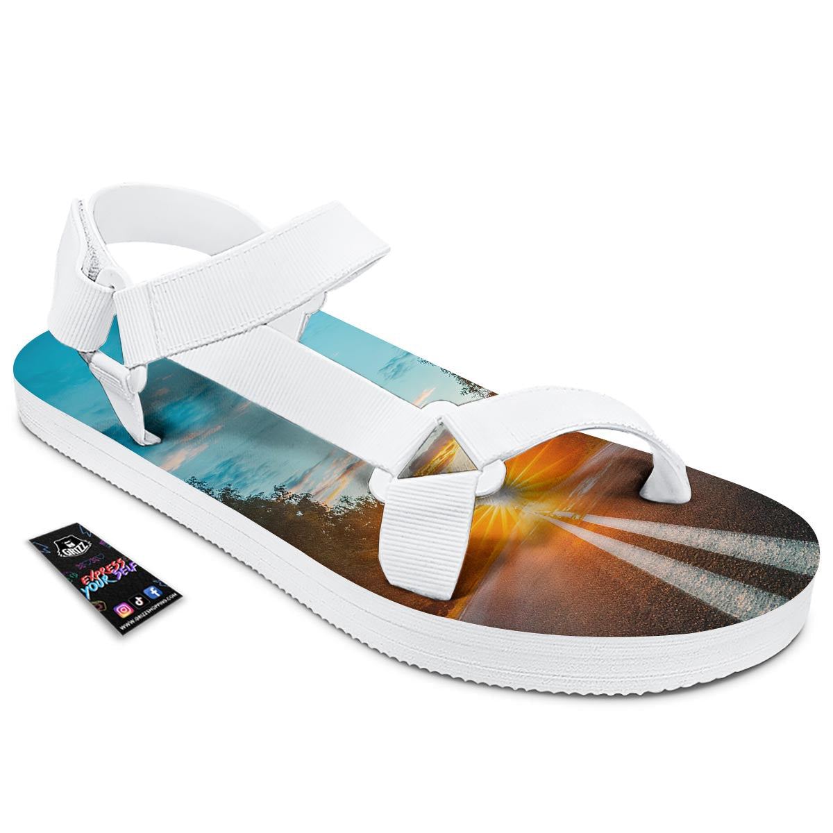 Road Sunrise Print White Open Toe Sandals-grizzshop