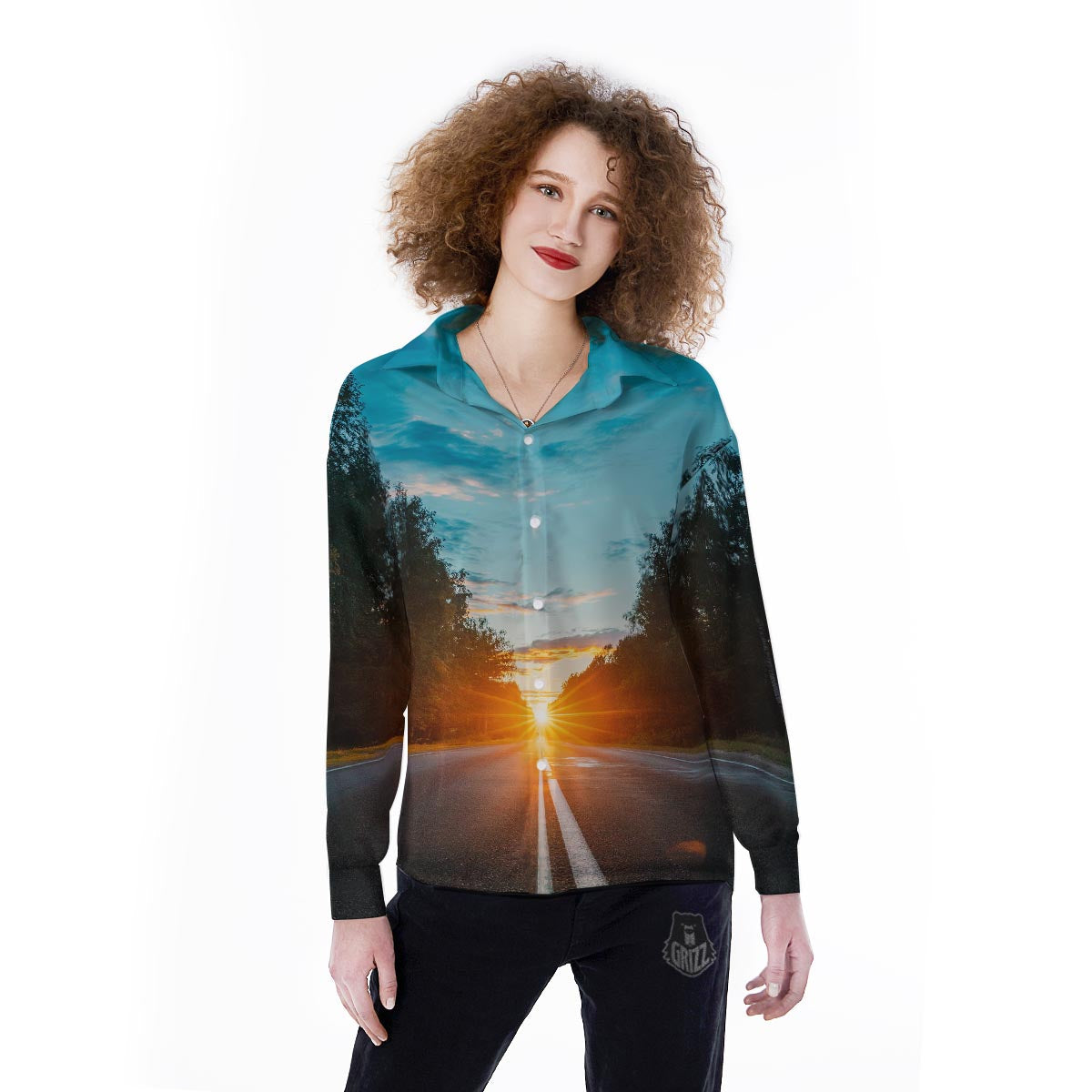 Road Sunrise Print Women's Long Sleeve Shirts-grizzshop
