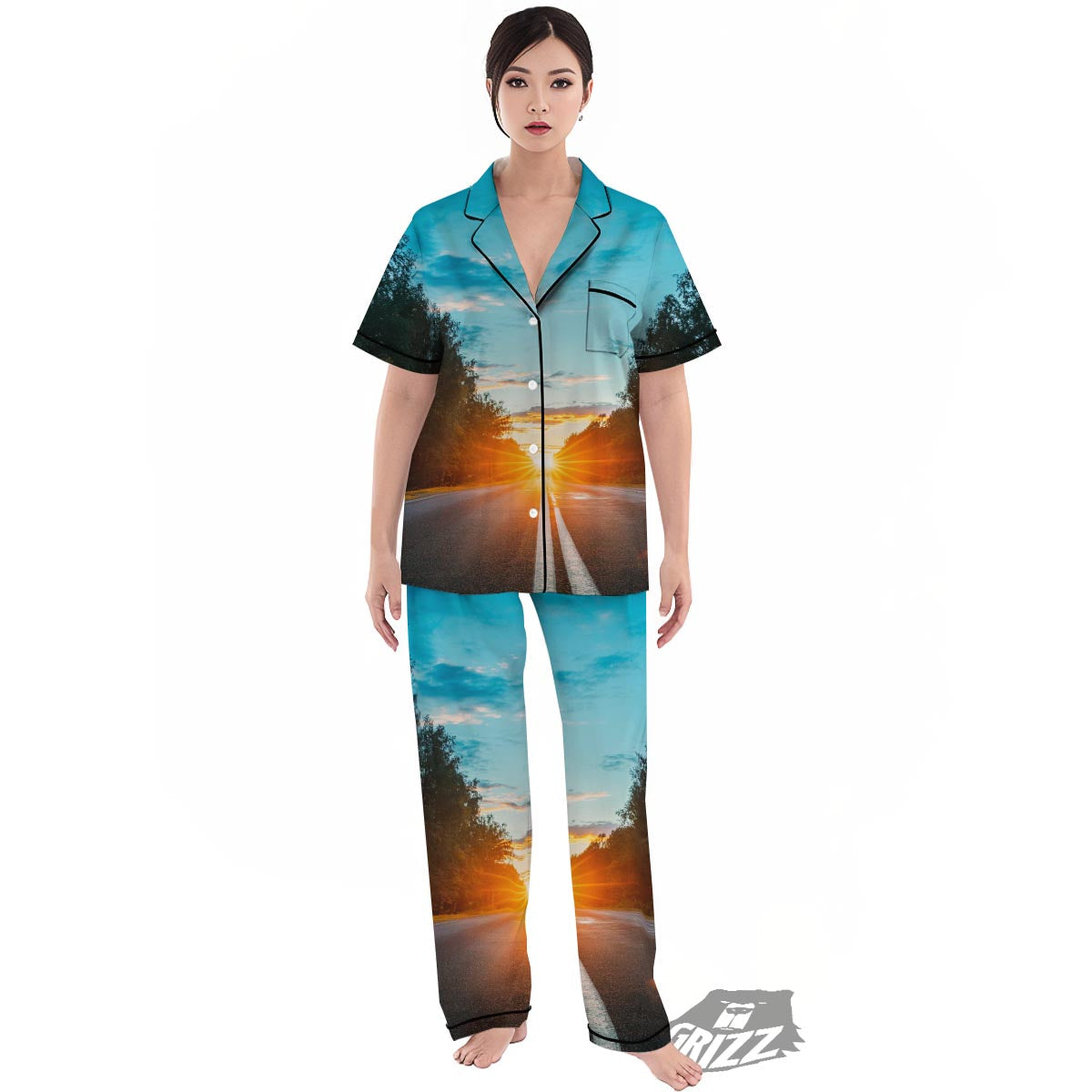 Road Sunrise Print Women's Pajamas Set-grizzshop