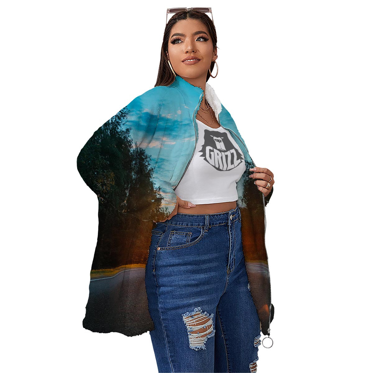 Road Sunrise Print Women's Sherpa Jacket-grizzshop