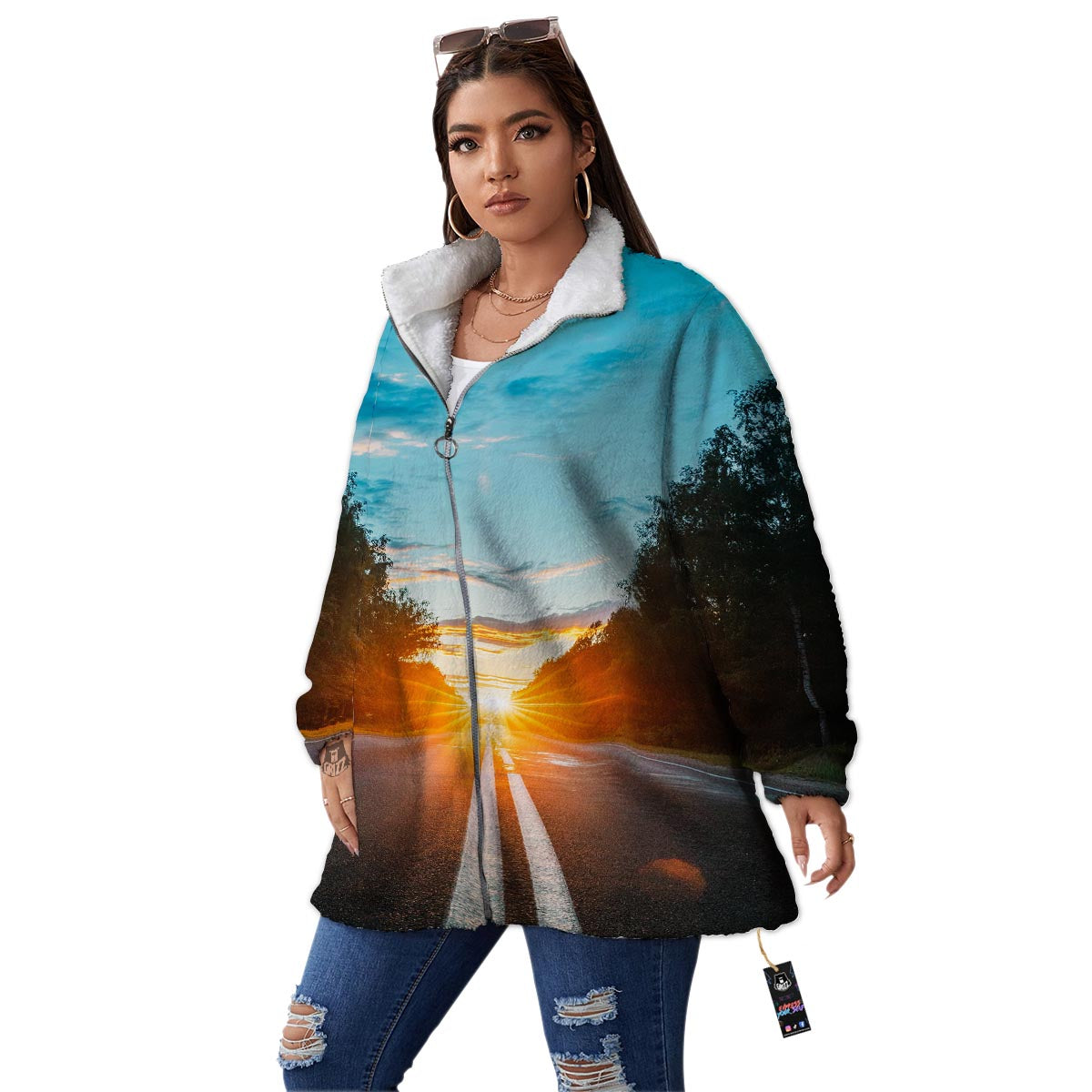 Road Sunrise Print Women's Sherpa Jacket-grizzshop