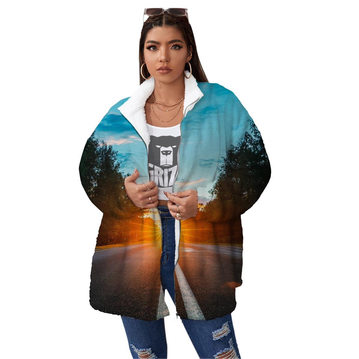 Road Sunrise Print Women's Sherpa Jacket-grizzshop