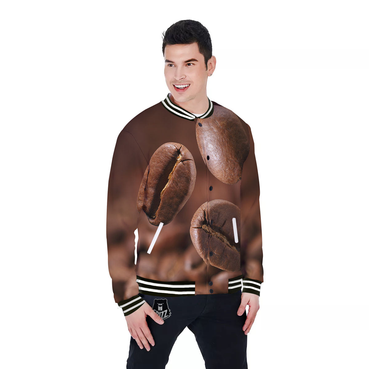 Roasted Coffee Bean Print Baseball Jacket-grizzshop