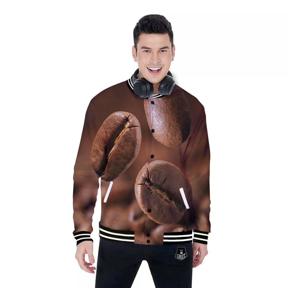 Roasted Coffee Bean Print Baseball Jacket-grizzshop