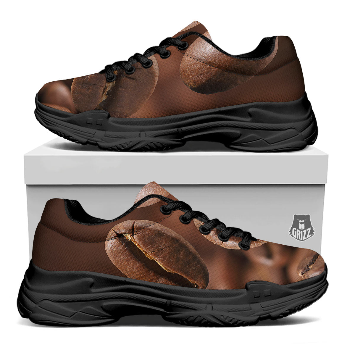 Roasted Coffee Bean Print Black Chunky Shoes-grizzshop