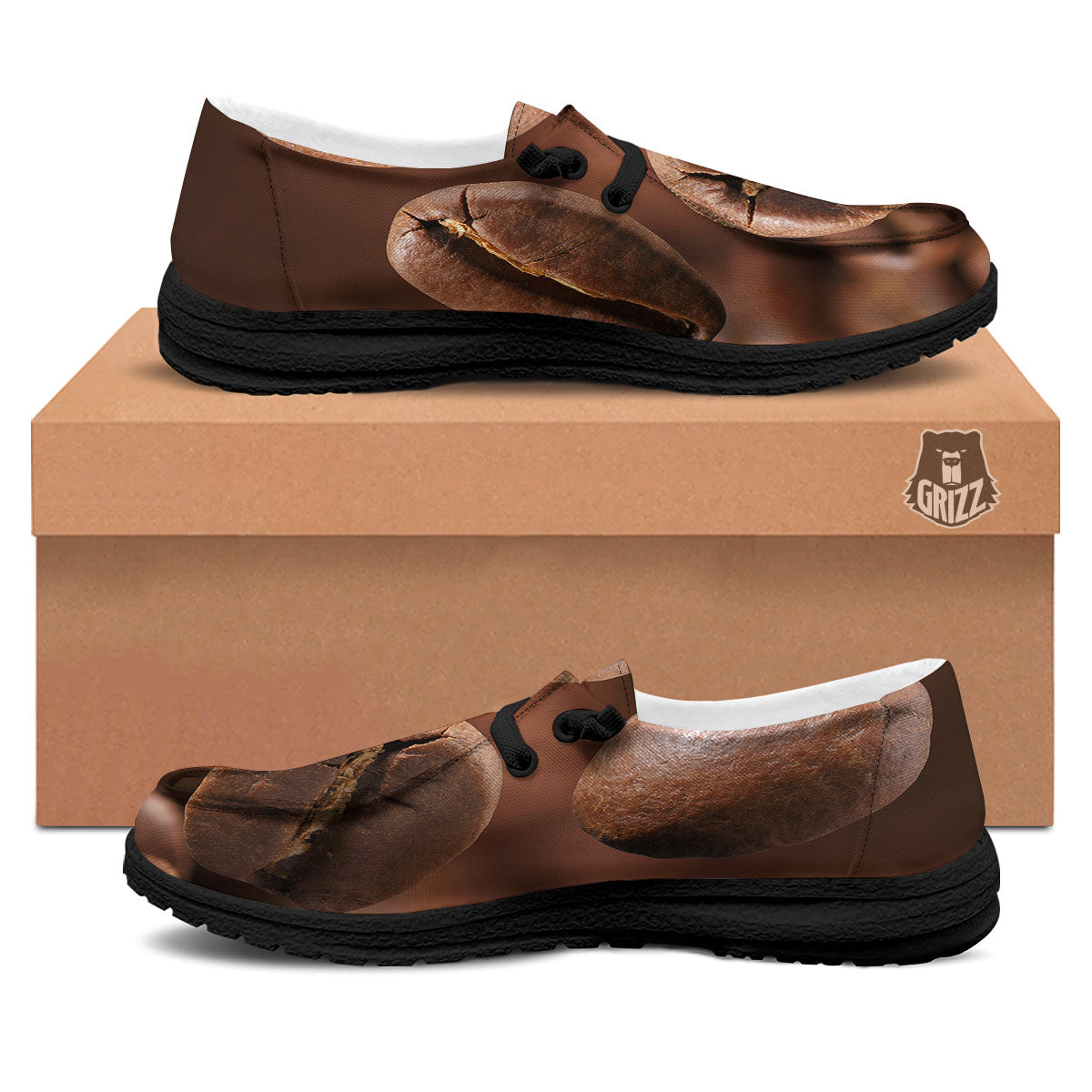 Roasted Coffee Bean Print Black Loafers-grizzshop