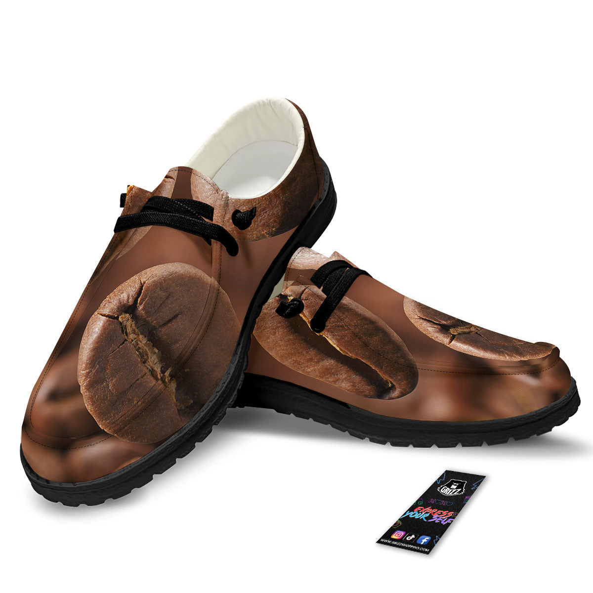 Roasted Coffee Bean Print Black Loafers-grizzshop
