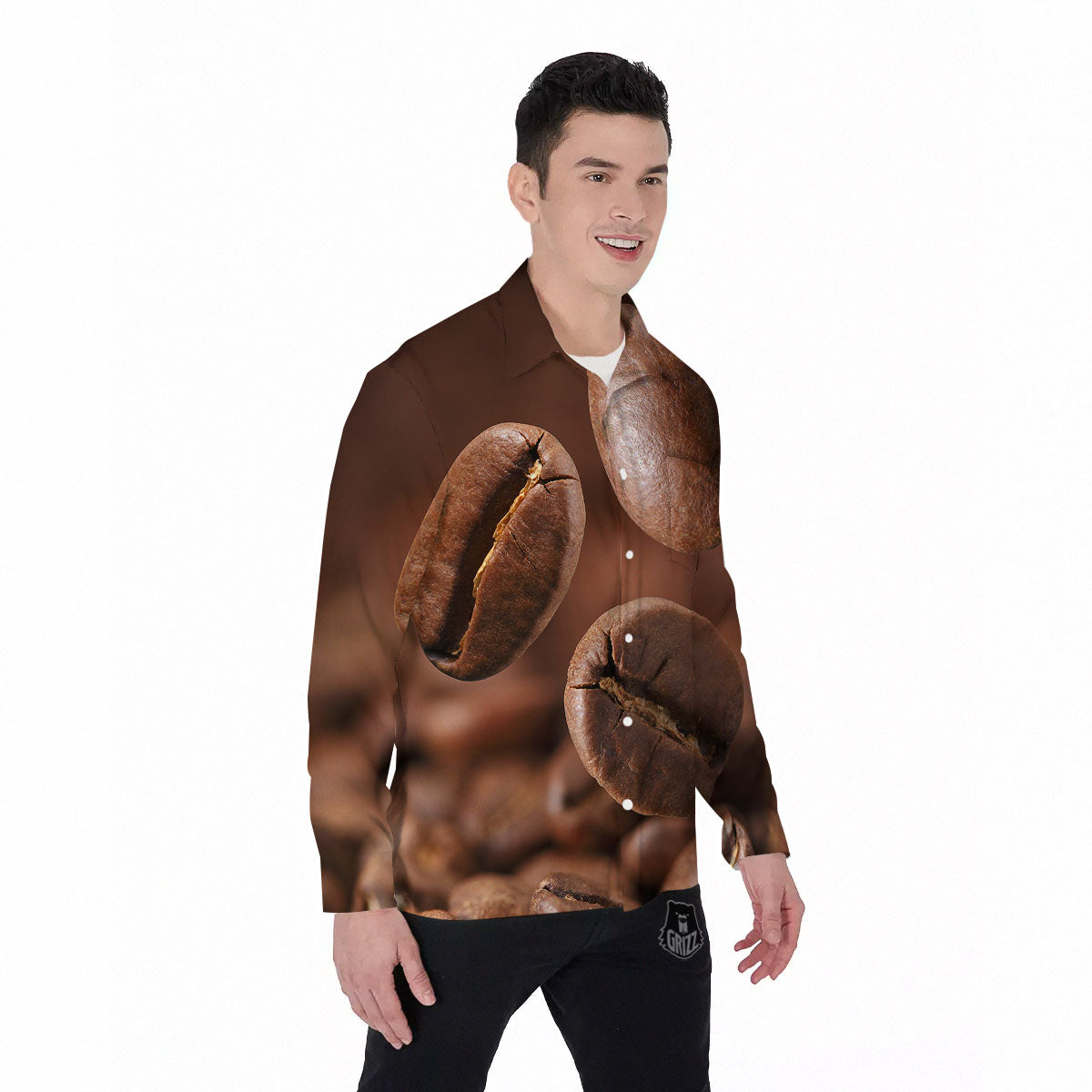 Roasted Coffee Bean Print Men's Long Sleeve Shirts-grizzshop