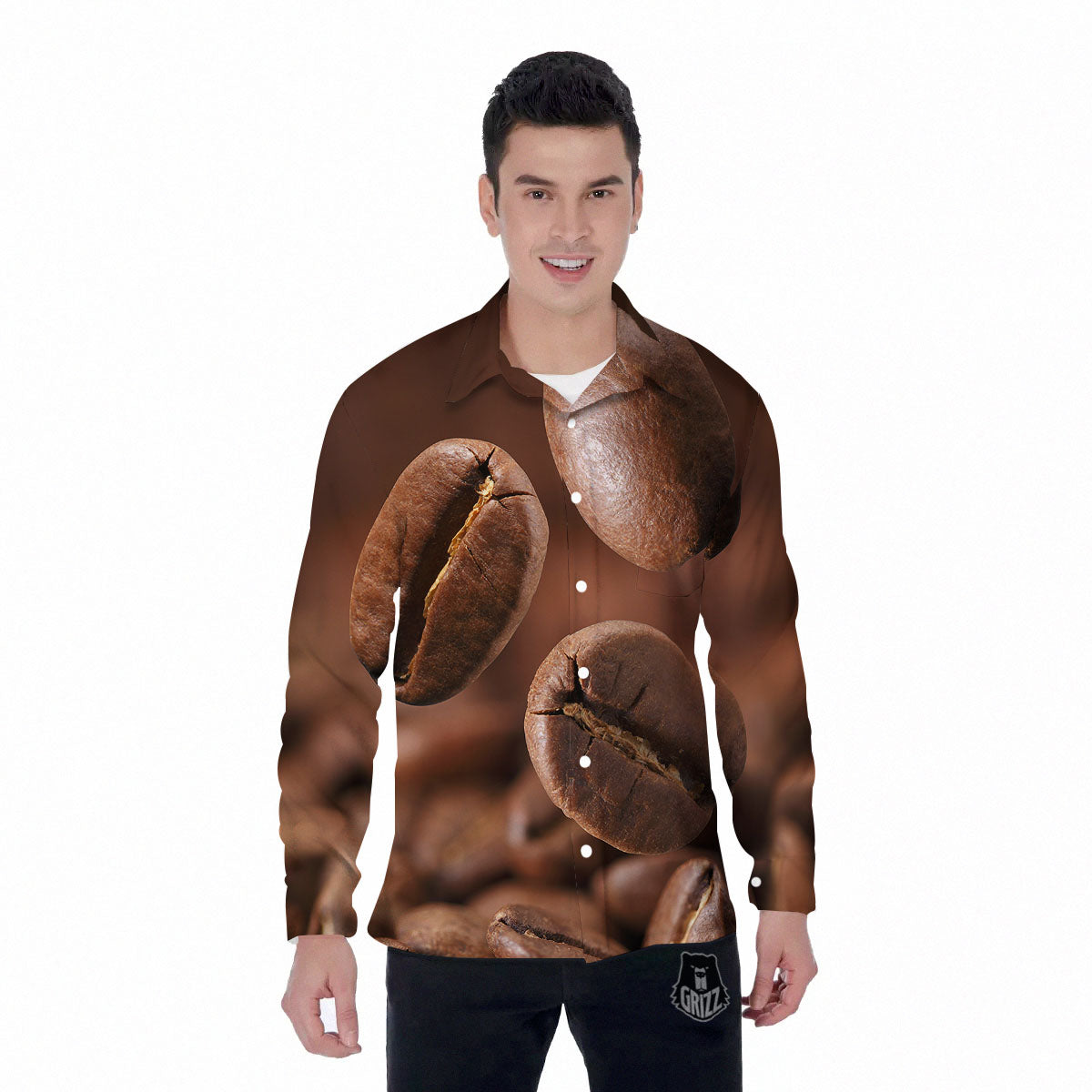Roasted Coffee Bean Print Men's Long Sleeve Shirts-grizzshop