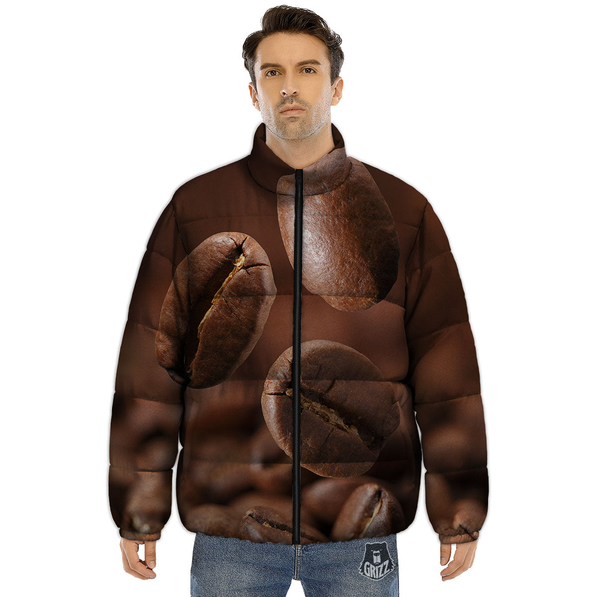 Roasted Coffee Bean Print Puffer Jacket-grizzshop