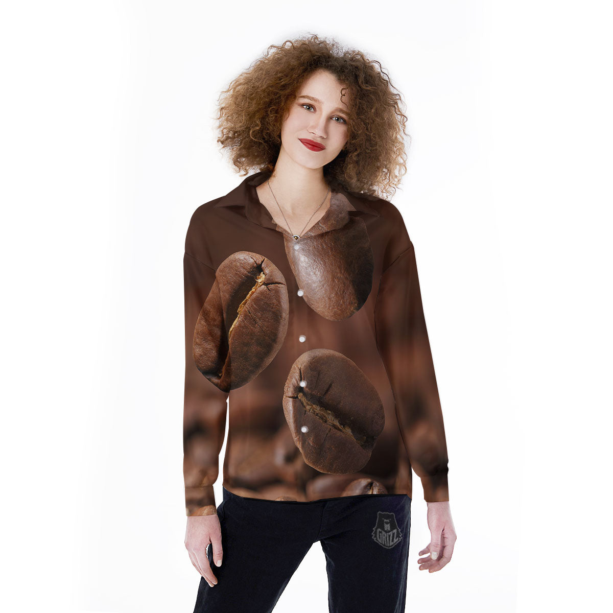 Roasted Coffee Bean Print Women's Long Sleeve Shirts-grizzshop