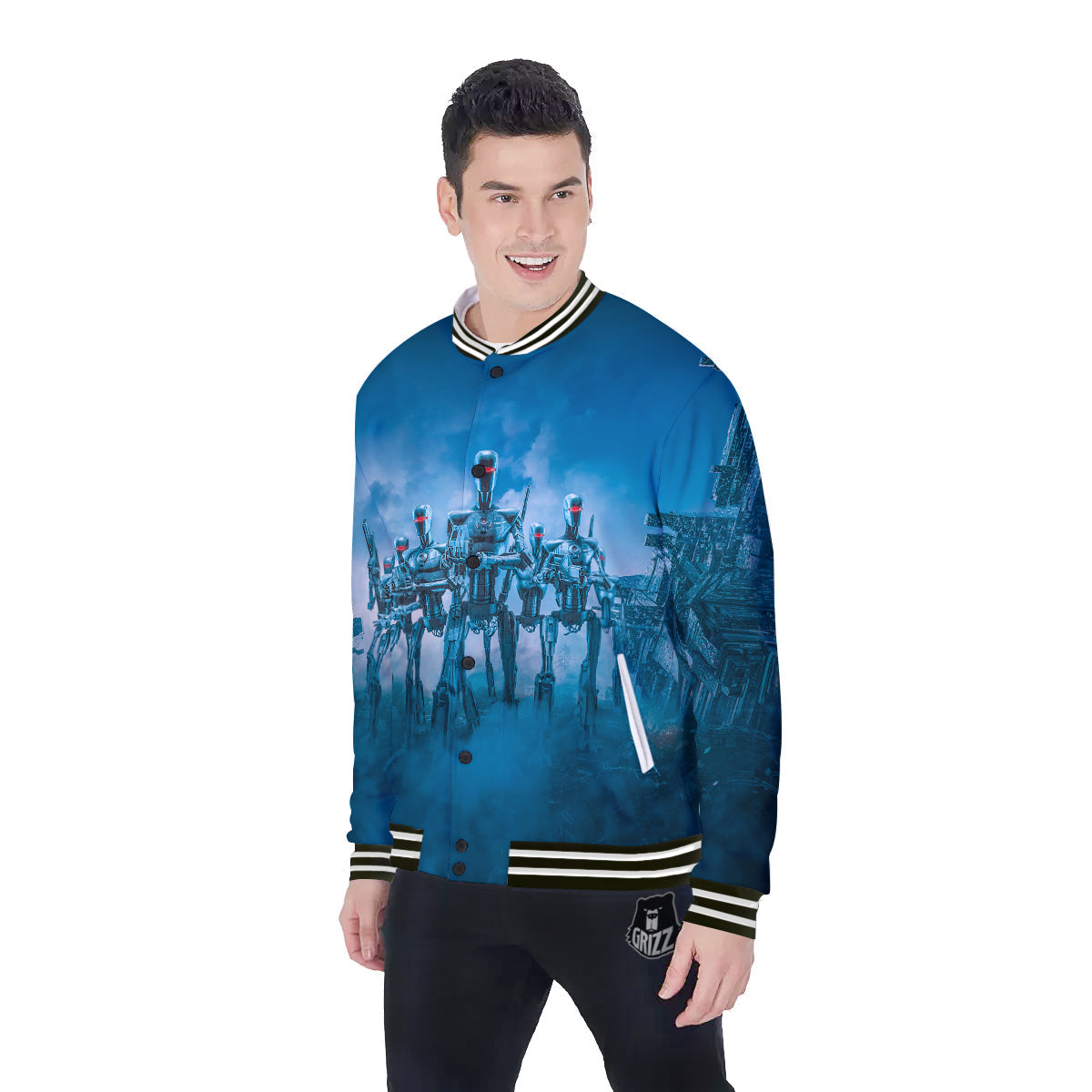 Robot Army Print Baseball Jacket-grizzshop