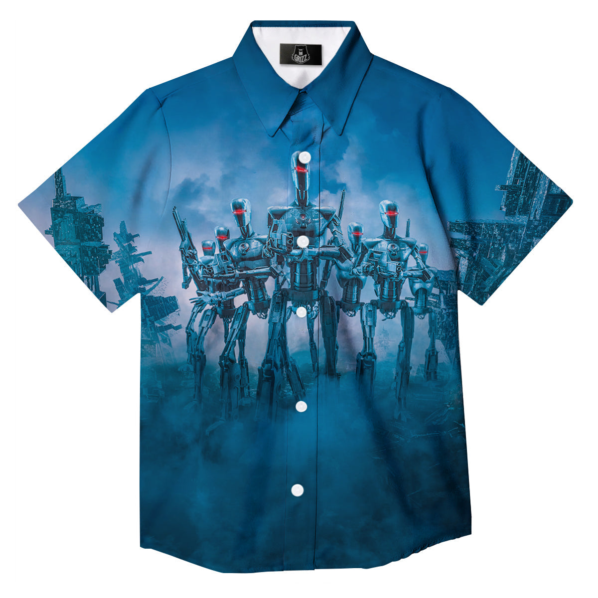 Robot Army Print Button Up Shirt-grizzshop