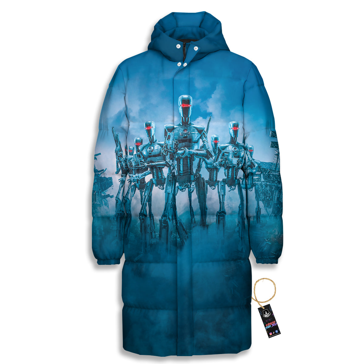 Robot Army Print Long Down Jacket-grizzshop