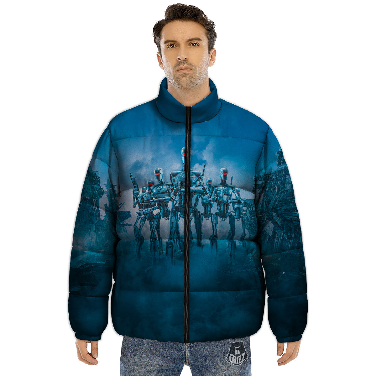 Robot Army Print Puffer Jacket-grizzshop