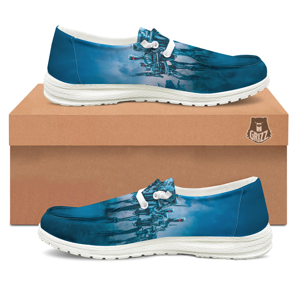 Robot Army Print White Loafers-grizzshop