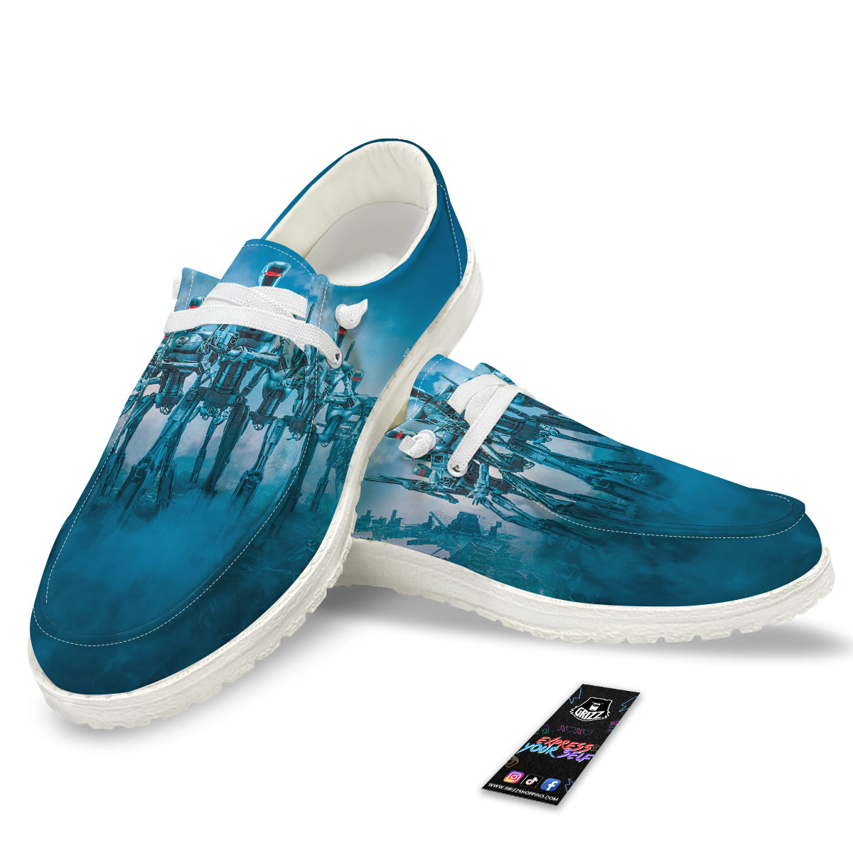 Robot Army Print White Loafers-grizzshop