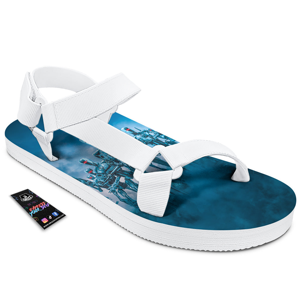 Robot Army Print White Open Toe Sandals-grizzshop