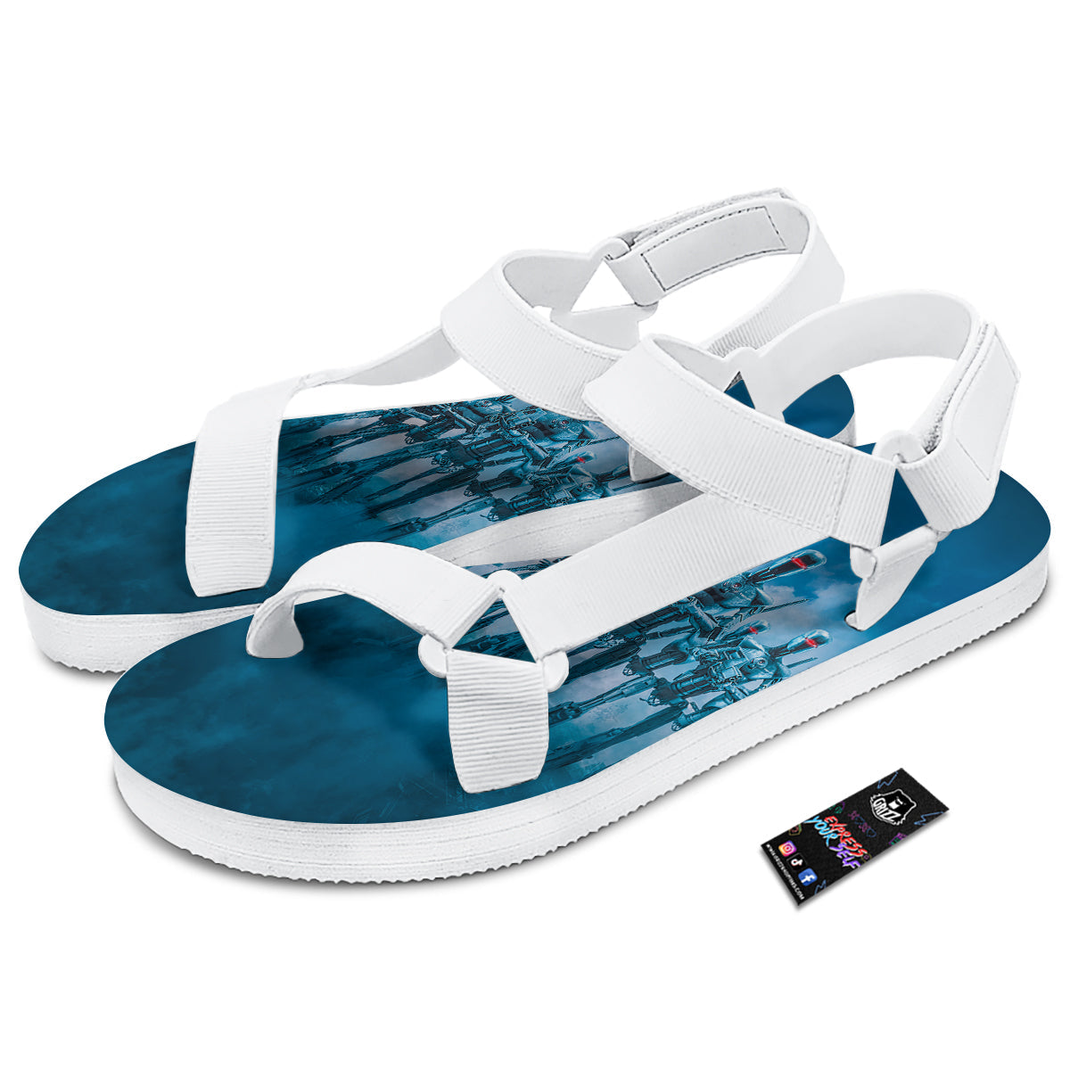 Robot Army Print White Open Toe Sandals-grizzshop