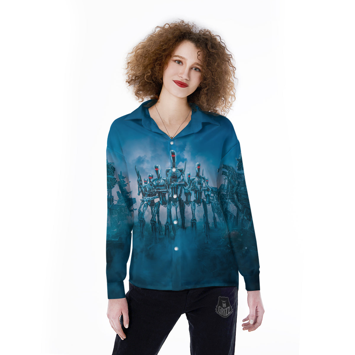 Robot Army Print Women's Long Sleeve Shirts-grizzshop