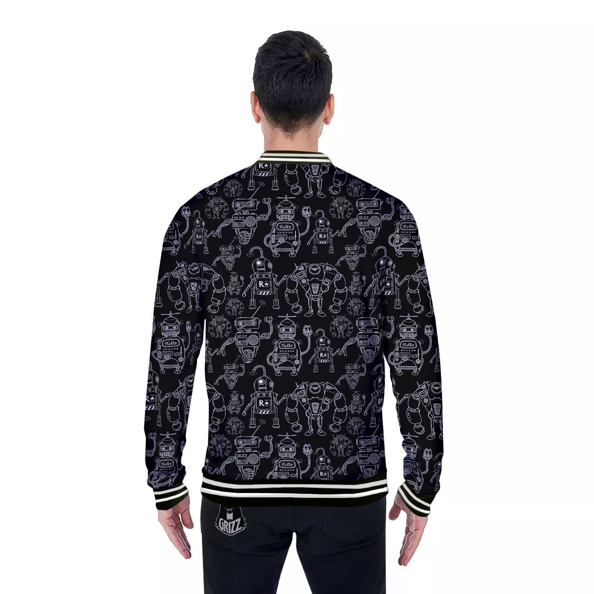 Robot Black And White Print Pattern Baseball Jacket-grizzshop