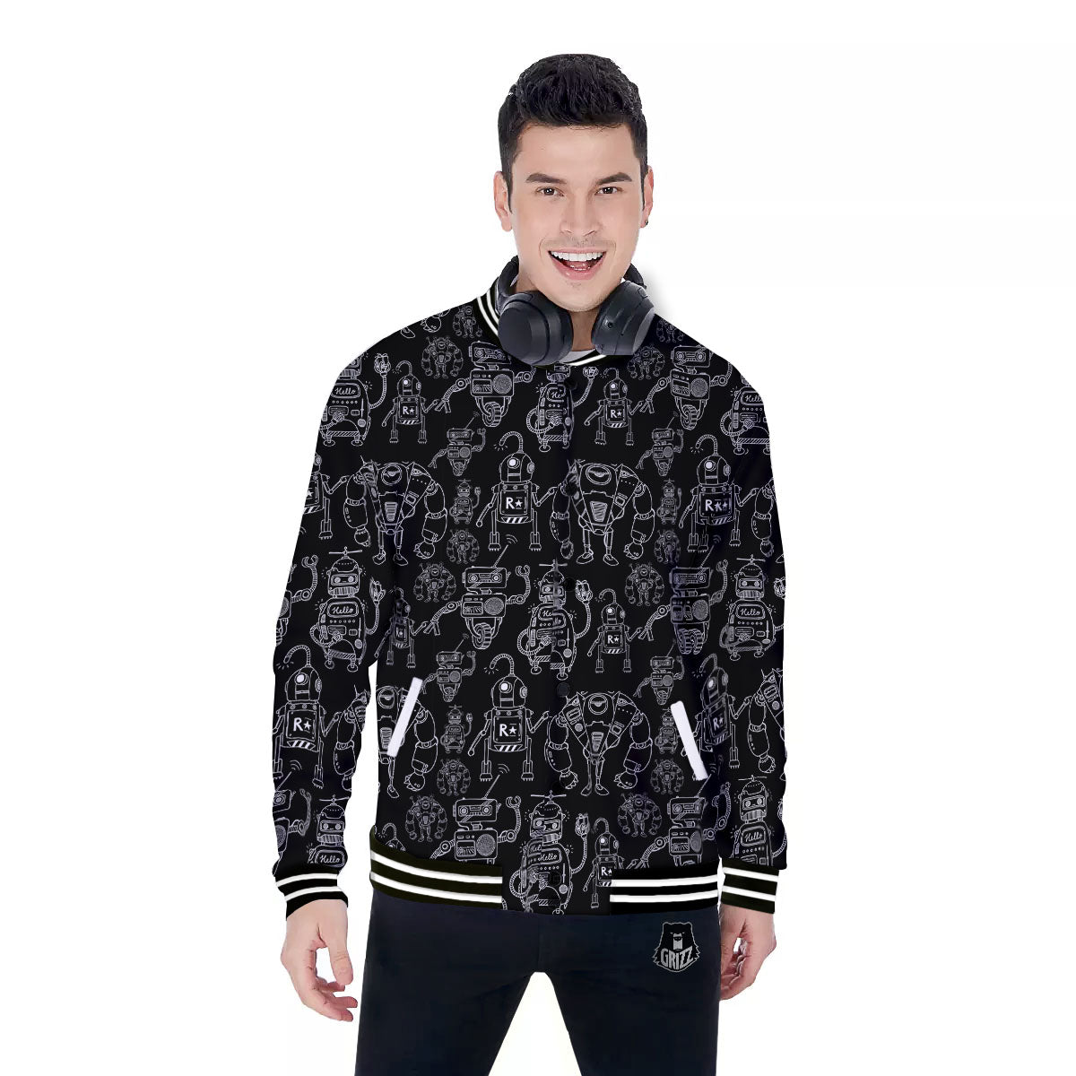 Robot Black And White Print Pattern Baseball Jacket-grizzshop