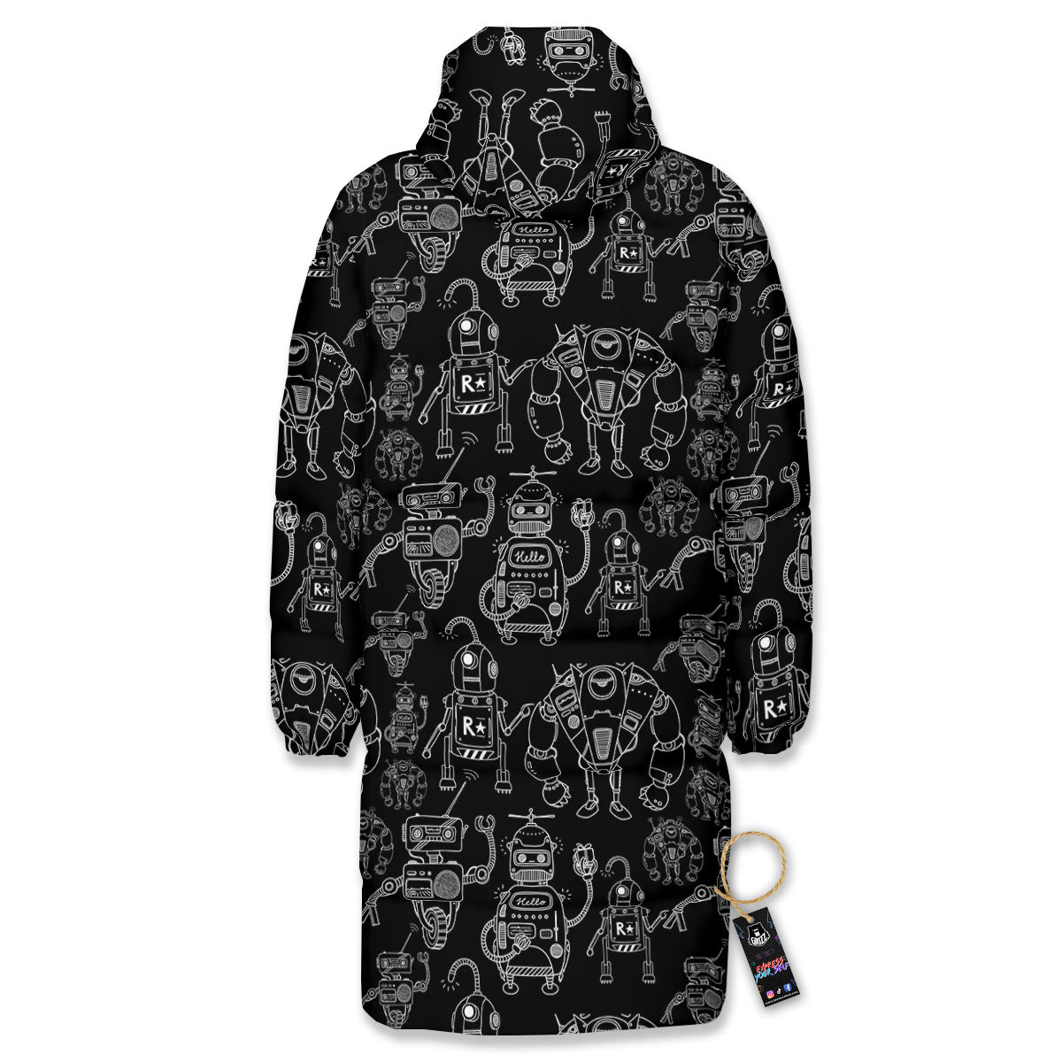 Robot Black And White Print Pattern Long Down Jacket-grizzshop