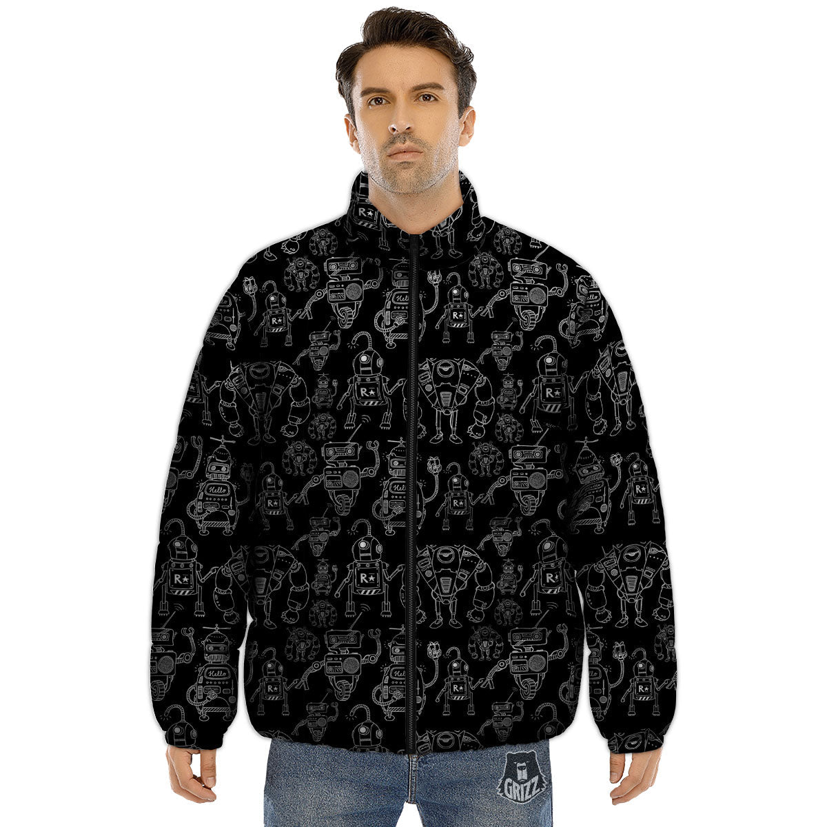 Robot Black And White Print Pattern Puffer Jacket-grizzshop