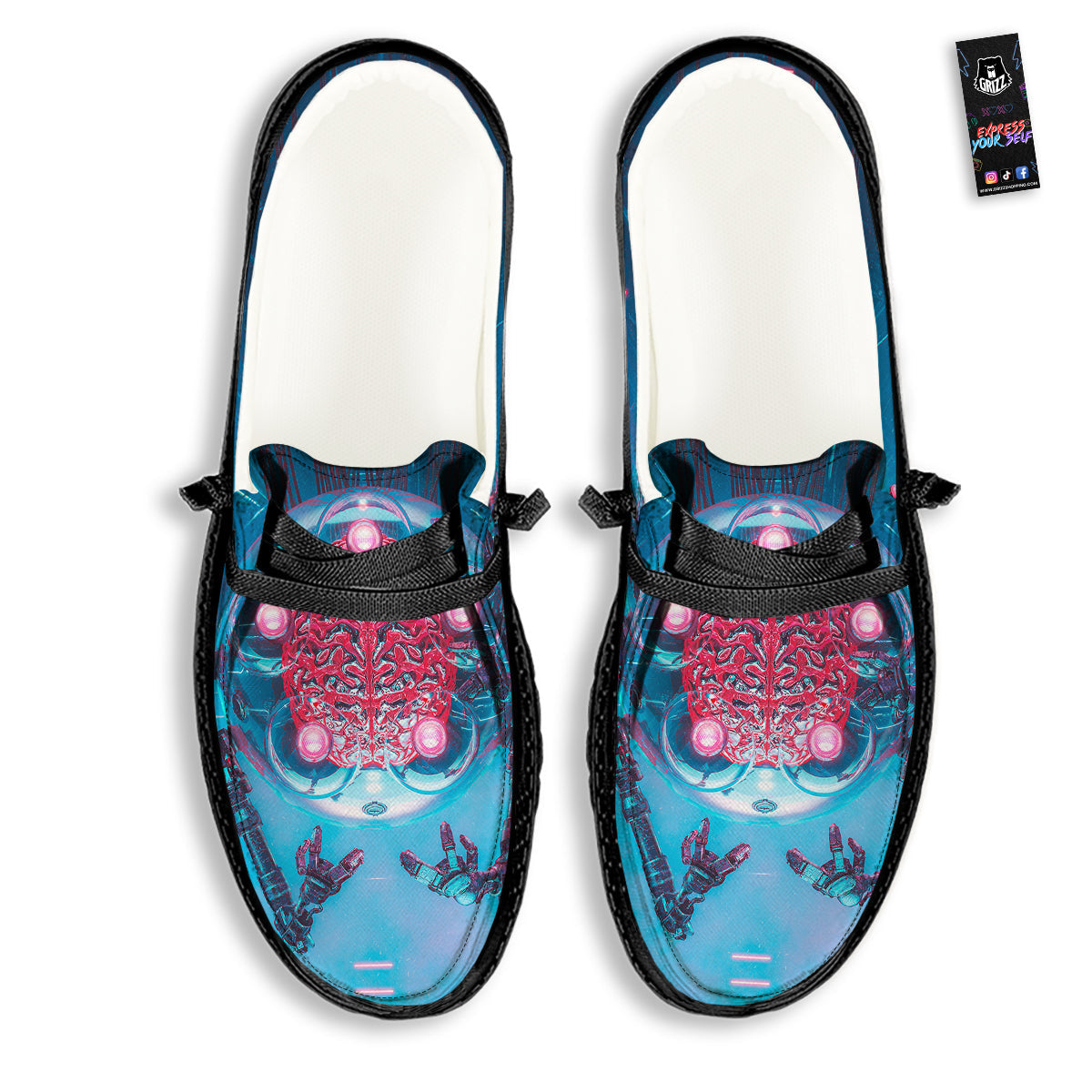 Robot Brain Machine Print Black Loafers-grizzshop