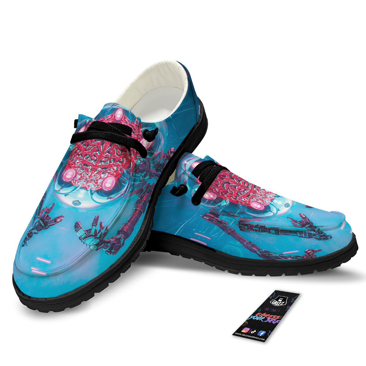 Robot Brain Machine Print Black Loafers-grizzshop