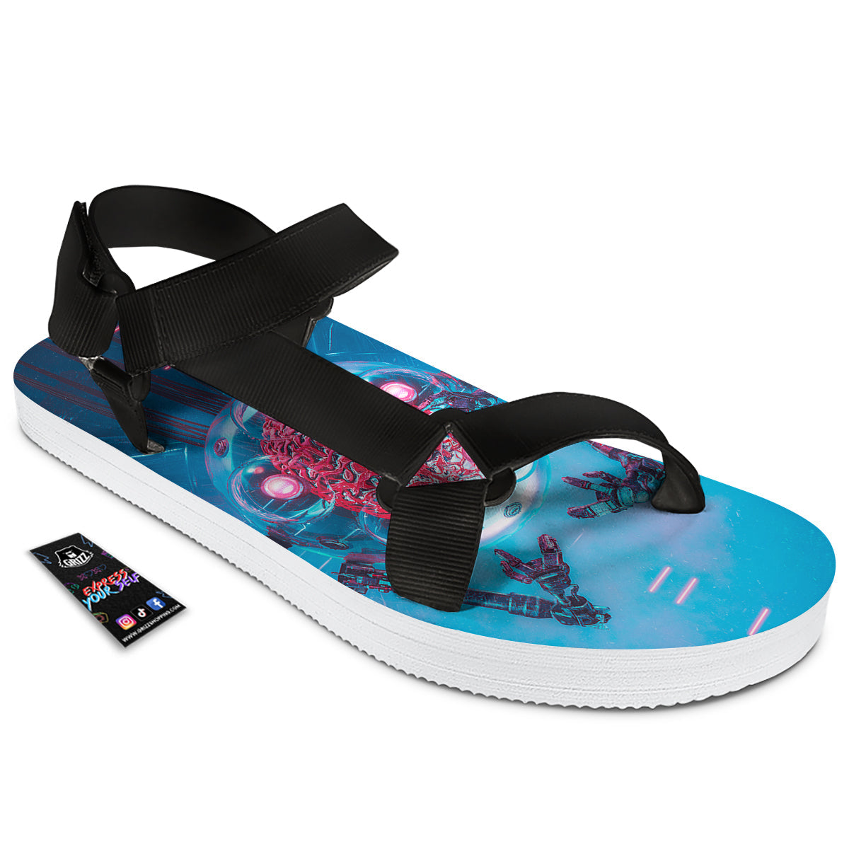 Robot Brain Machine Print Black Open Toe Sandals-grizzshop
