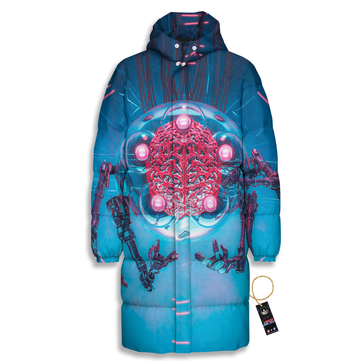 Robot Brain Machine Print Long Down Jacket-grizzshop