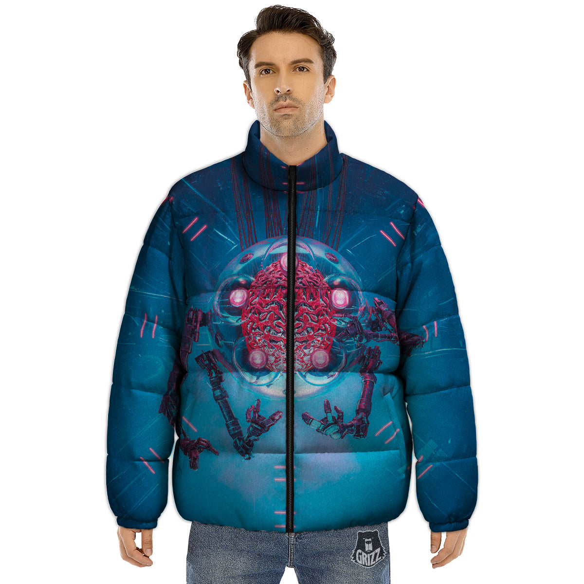 Robot Brain Machine Print Puffer Jacket-grizzshop