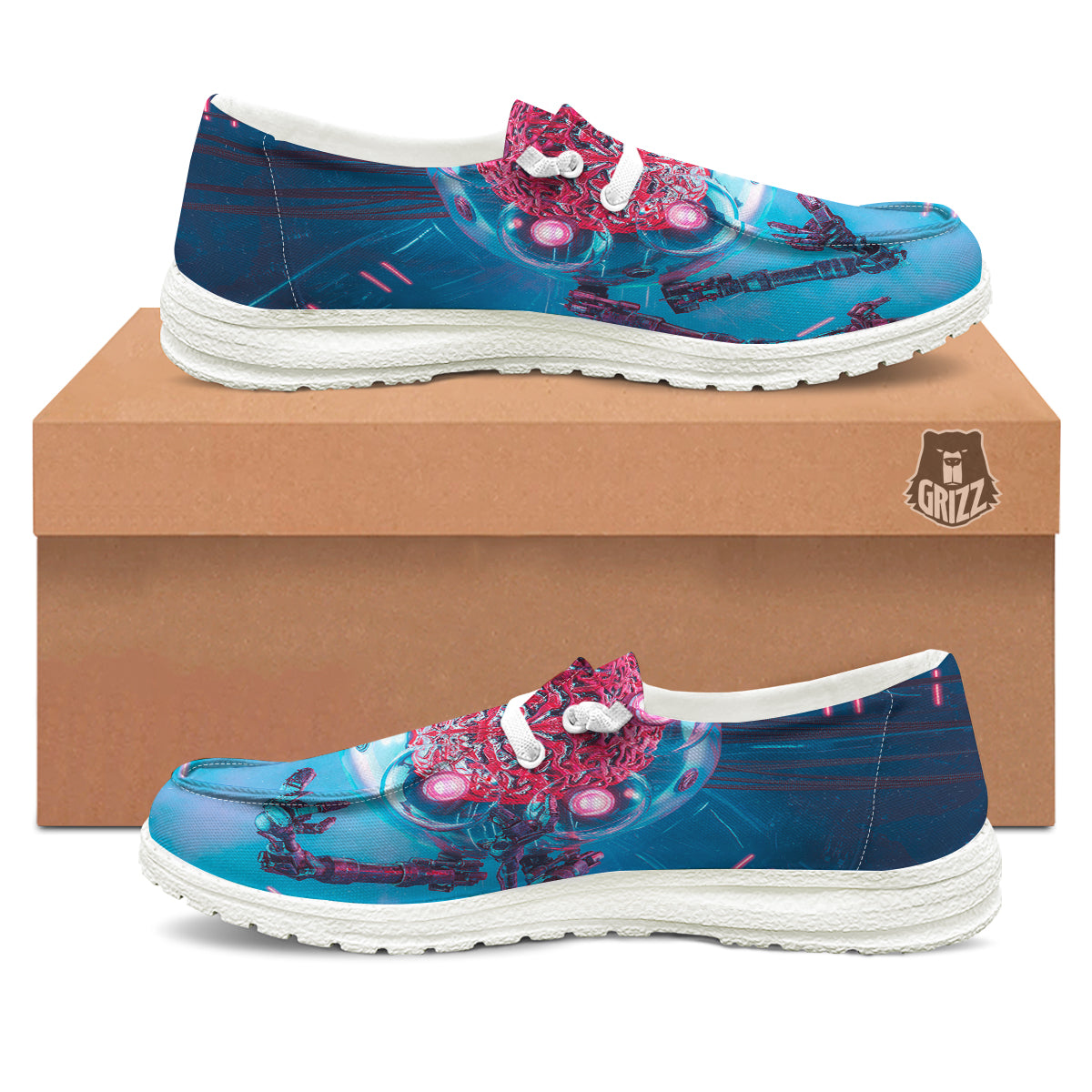 Robot Brain Machine Print White Loafers-grizzshop