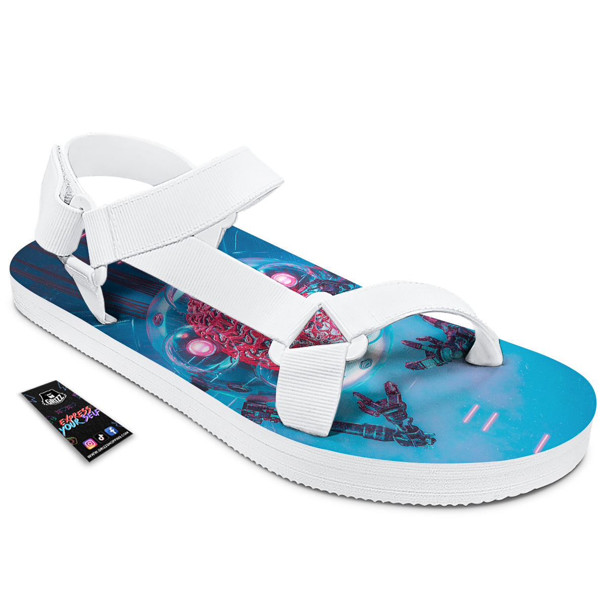 Robot Brain Machine Print White Open Toe Sandals-grizzshop