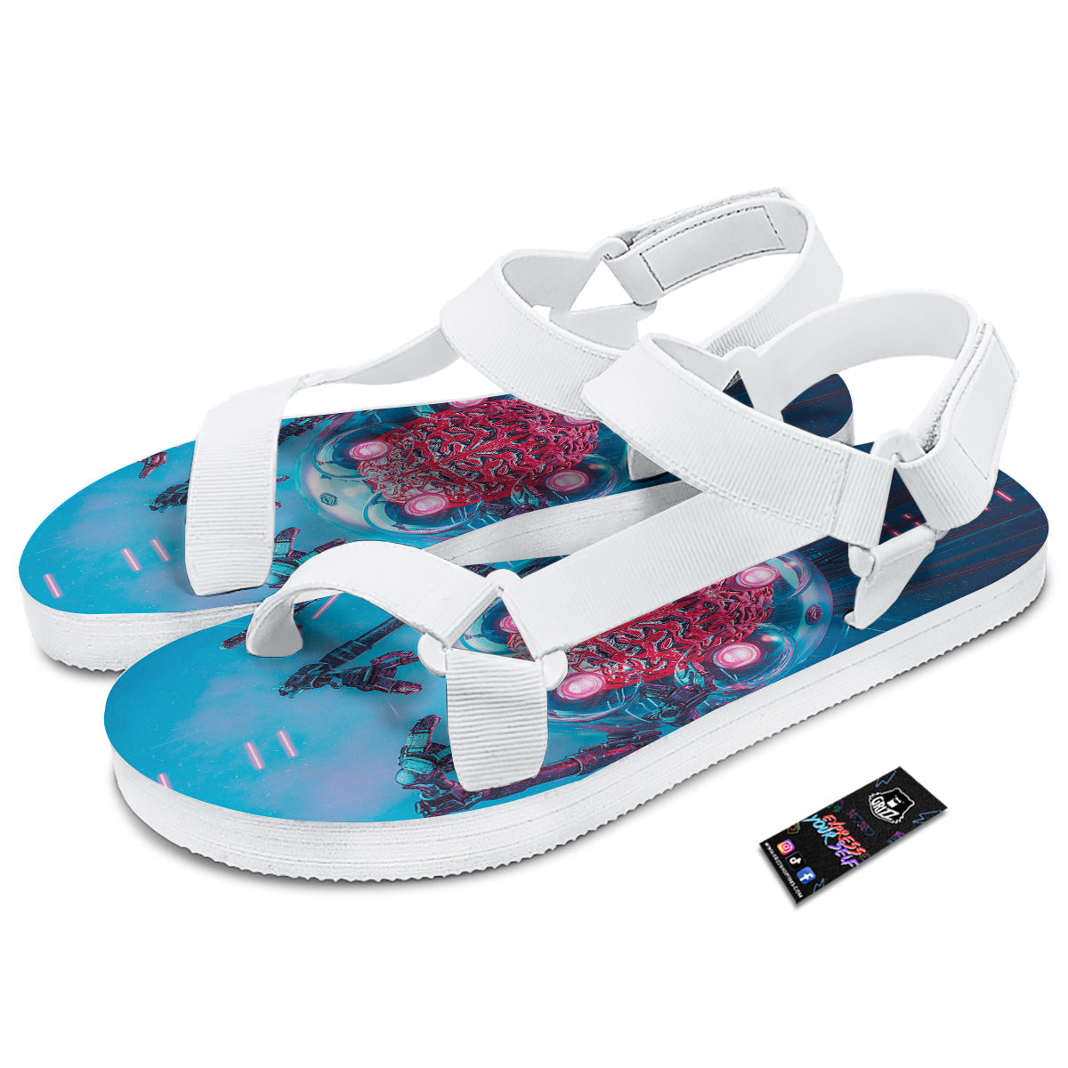 Robot Brain Machine Print White Open Toe Sandals-grizzshop