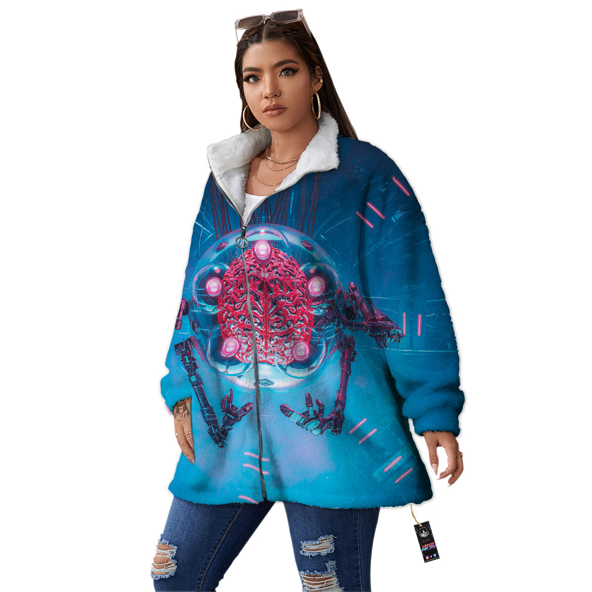 Robot Brain Machine Print Women's Sherpa Jacket-grizzshop