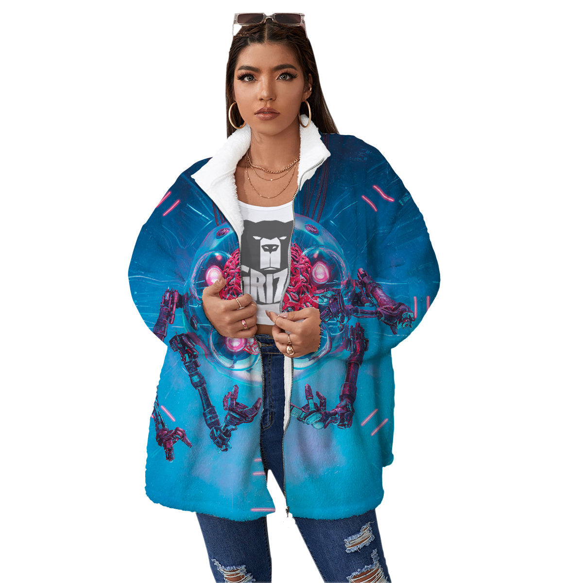 Robot Brain Machine Print Women's Sherpa Jacket-grizzshop