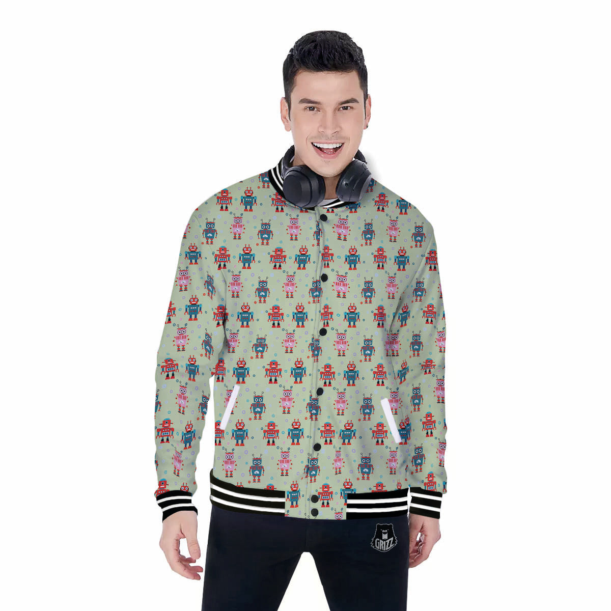 Robot Colorful Print Pattern Baseball Jacket-grizzshop