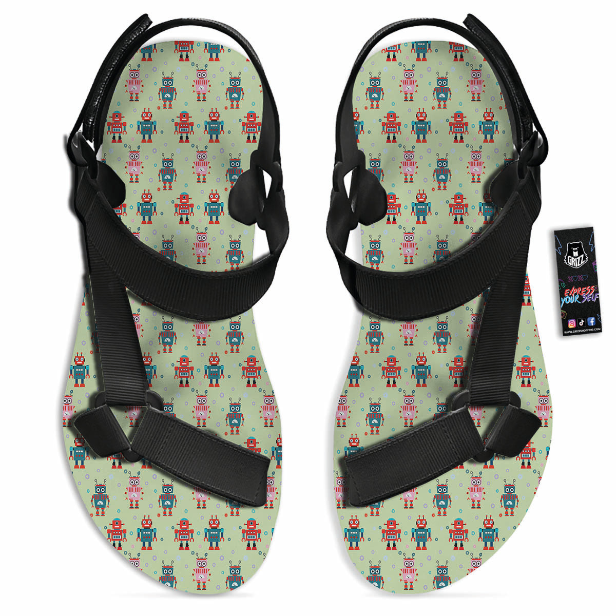 Robot Colorful Print Pattern Black Open Toe Sandals-grizzshop