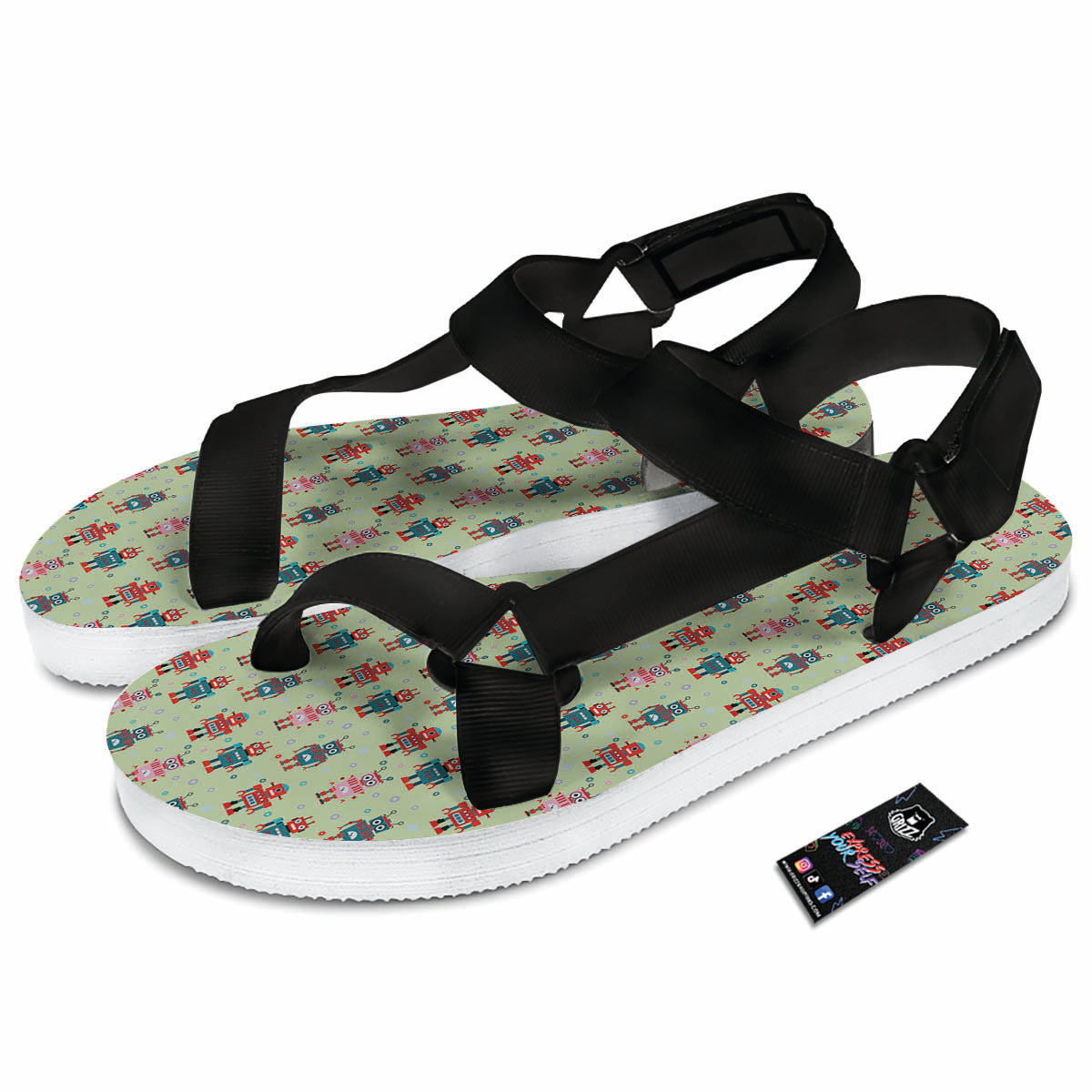 Robot Colorful Print Pattern Black Open Toe Sandals-grizzshop