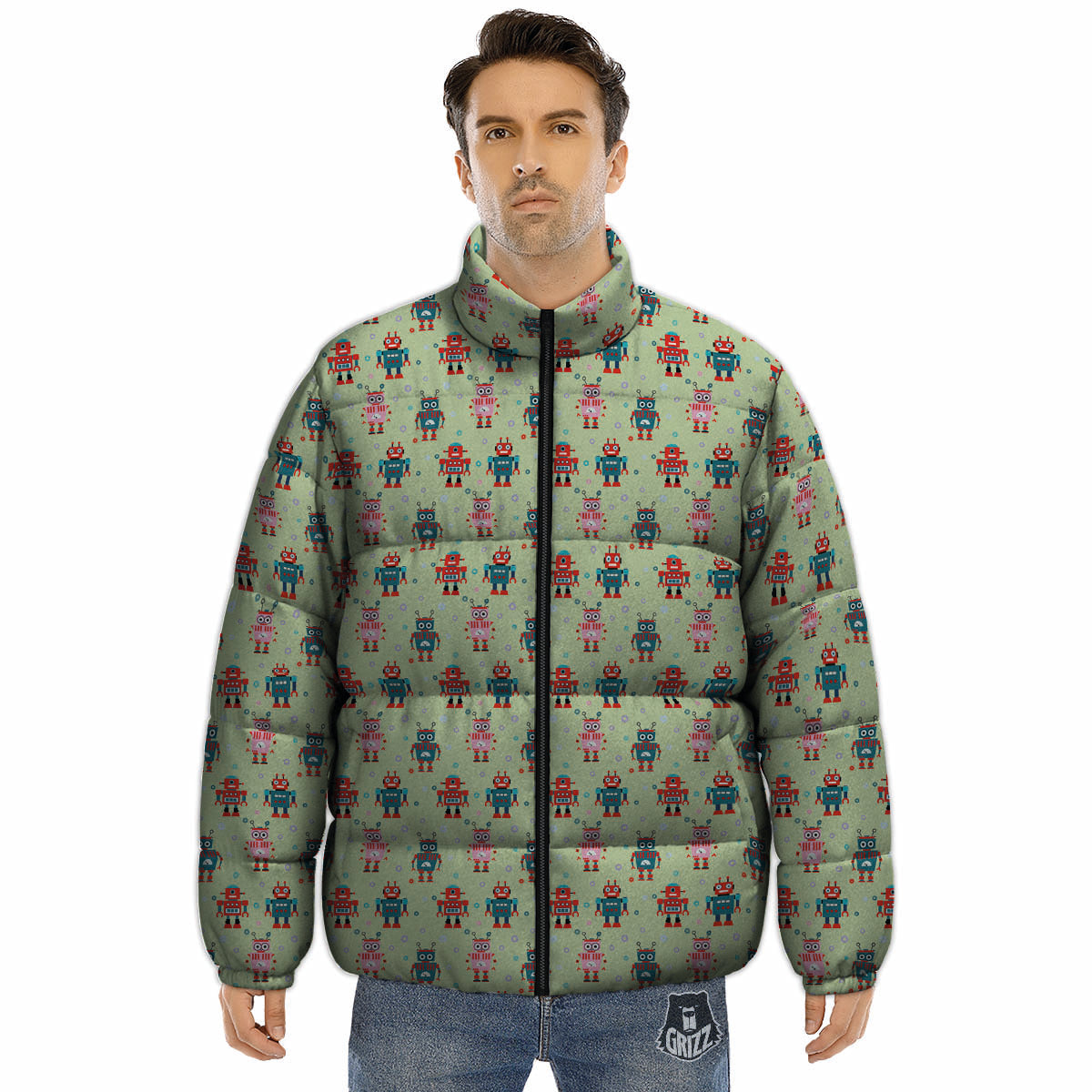 Robot Colorful Print Pattern Puffer Jacket-grizzshop