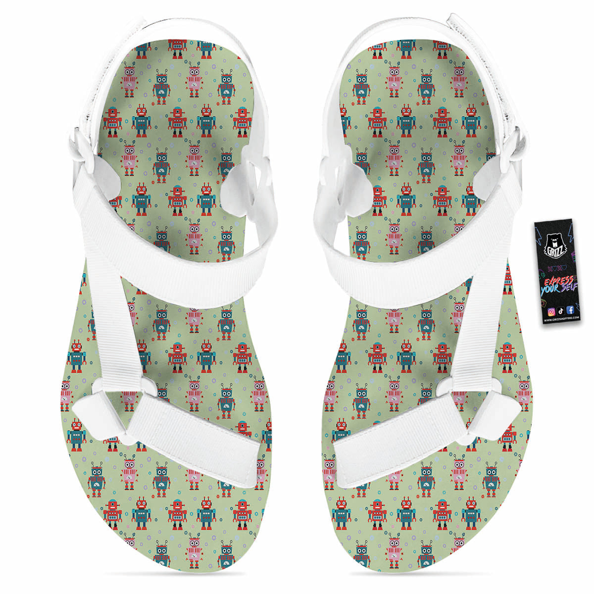 Robot Colorful Print Pattern White Open Toe Sandals-grizzshop