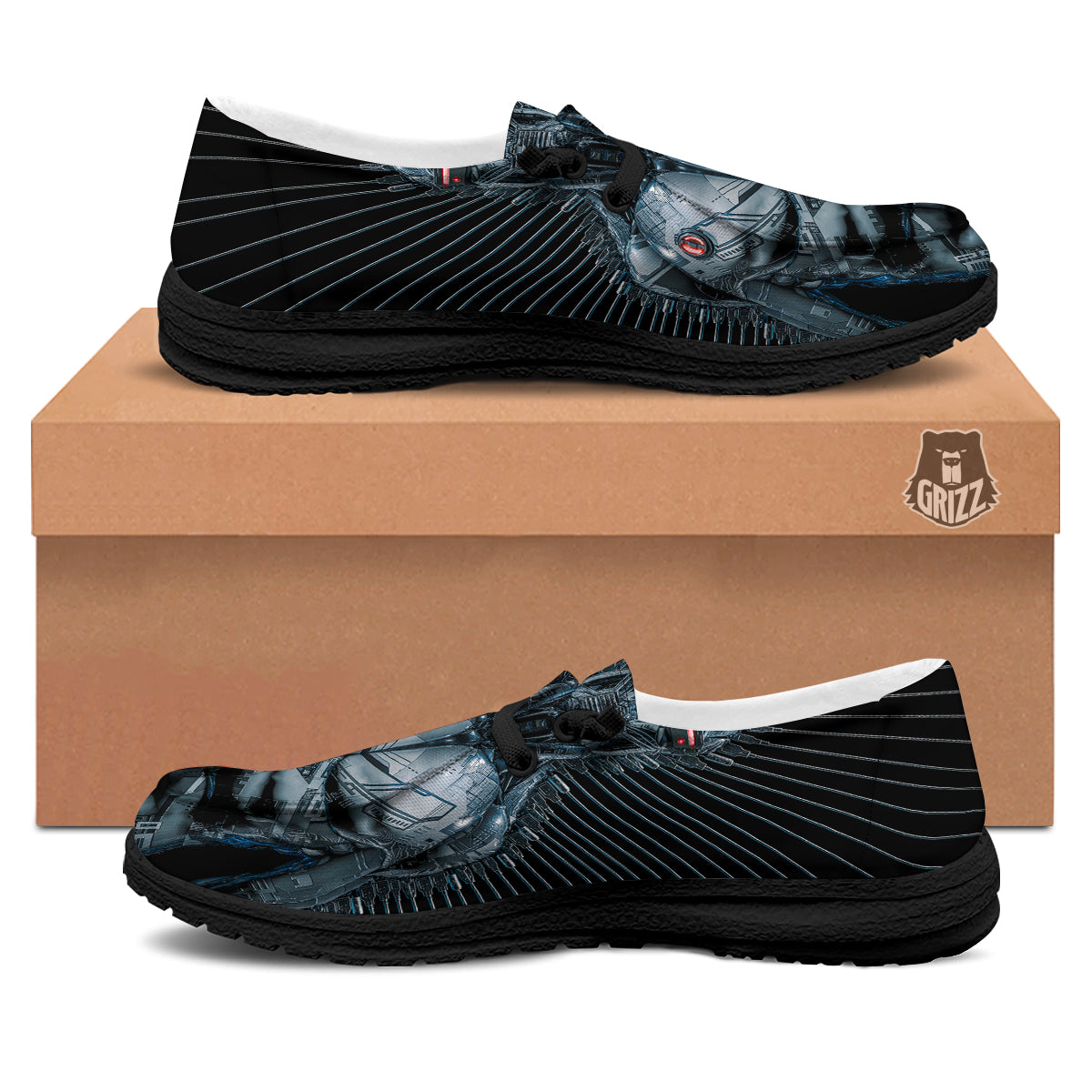 Robot Connection Print Black Loafers-grizzshop