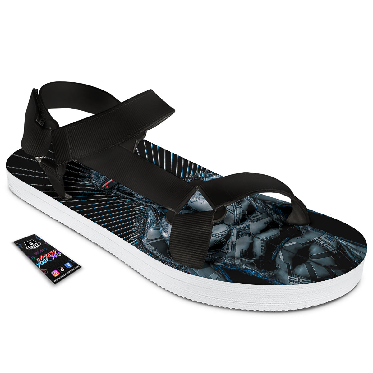 Robot Connection Print Black Open Toe Sandals-grizzshop