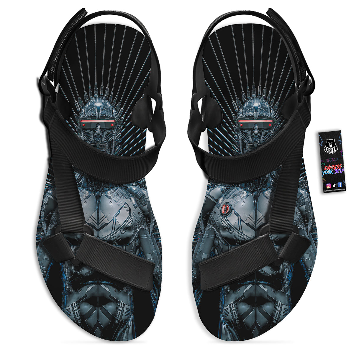 Robot Connection Print Black Open Toe Sandals-grizzshop